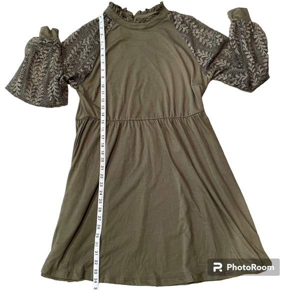 EXLURA Women’s Lace Tshirt Mini Dress Ruffle High Neck Lace Sleeve Swing Dress - Picture 5 of 6